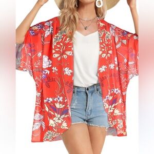 Red Sheer plus size short sleeve kimono with purple white orange flowers